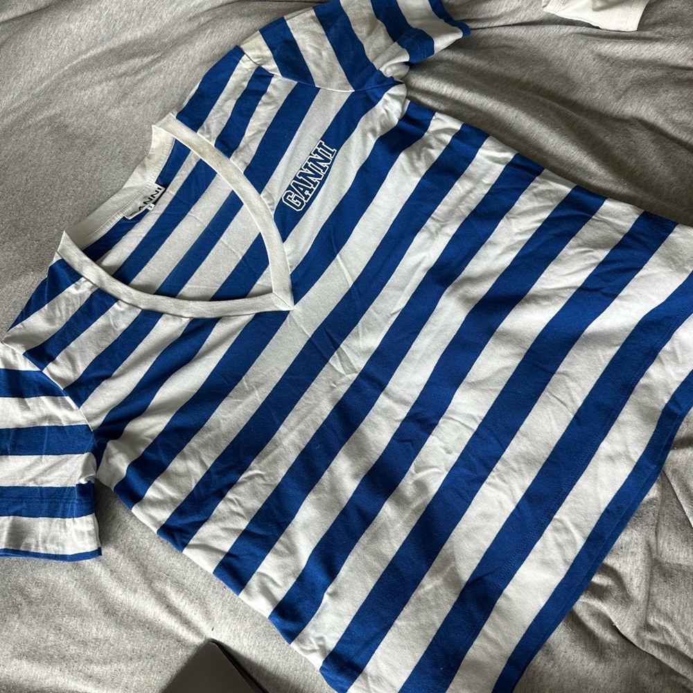 Ganni Blue and White Striped Short Sleeve Tee